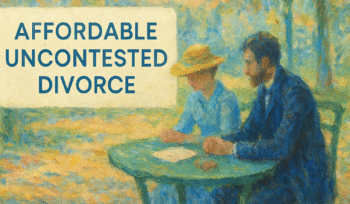 Couple reviewing uncontested divorce documents with a document preparer in New York