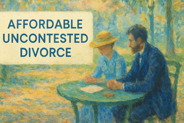 Couple reviewing uncontested divorce documents with a document preparer in New York