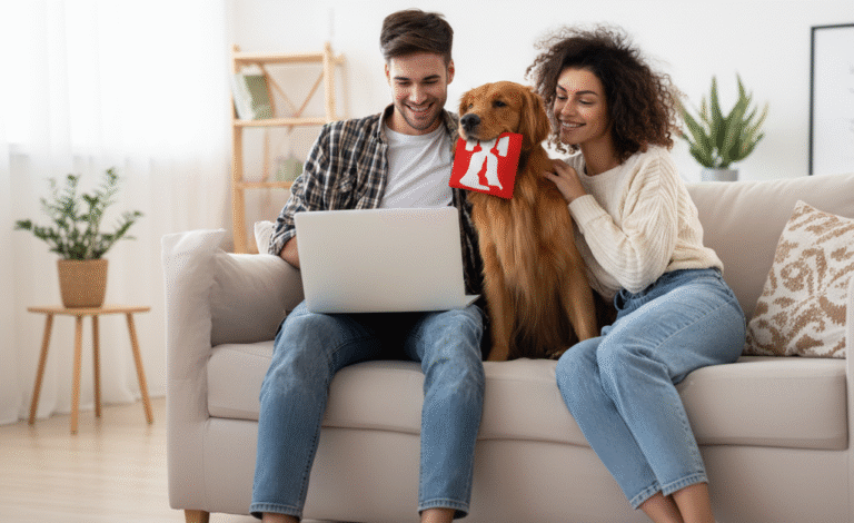 Smiling couple with their golden retriever holding a red toy while using a laptop together at home, representing shared pet custody after divorce.