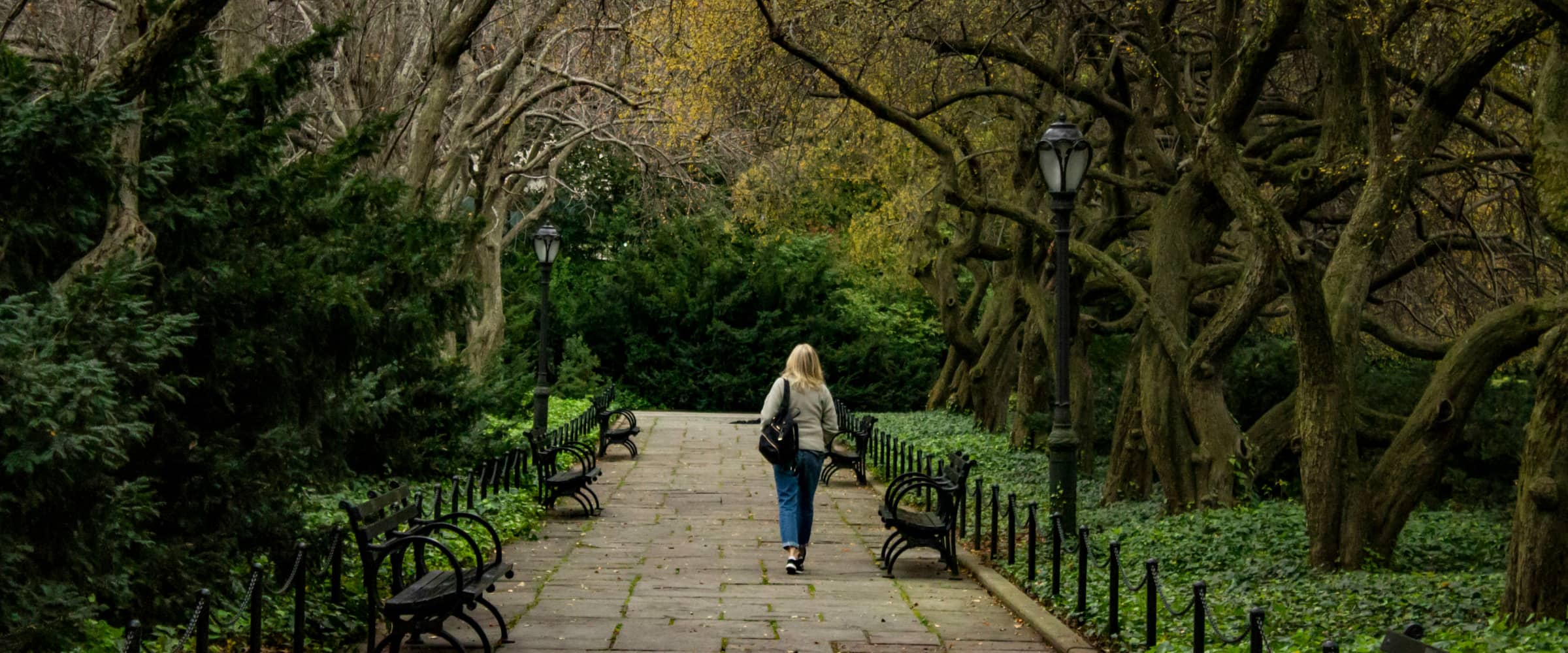 Woman walking through a peaceful park path, symbolizing a new beginning after using We The People for uncontested divorce filing services in New York.
