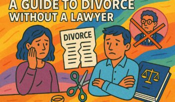 Colorful illustration of couple deciding to not use a lawyer for divorce