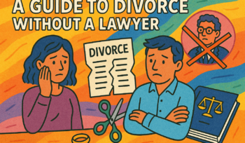Colorful illustration of couple deciding to not use a lawyer for divorce