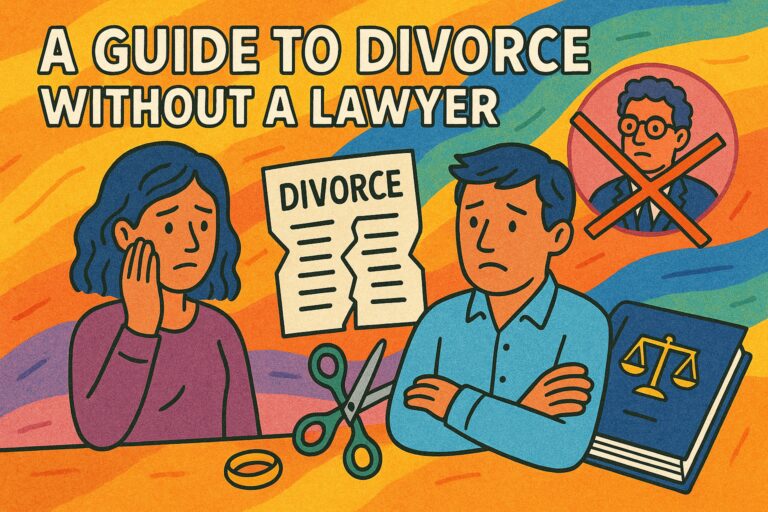 Colorful illustration of couple deciding to not use a lawyer for divorce