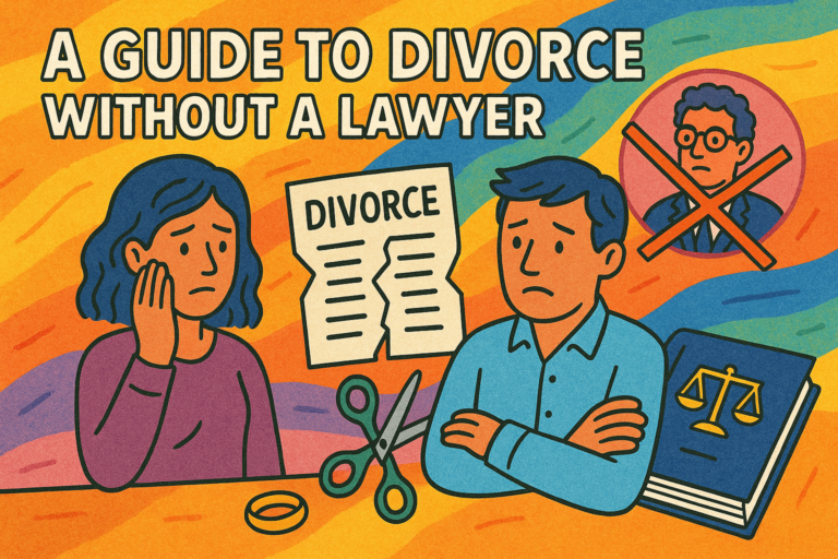 Colorful illustration of couple deciding to not use a lawyer for divorce