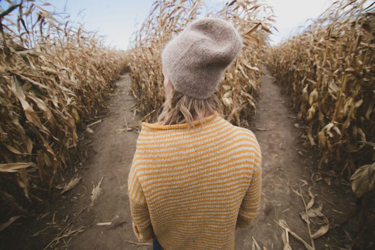 Woman in wool had deciding which path to take in a cornfield