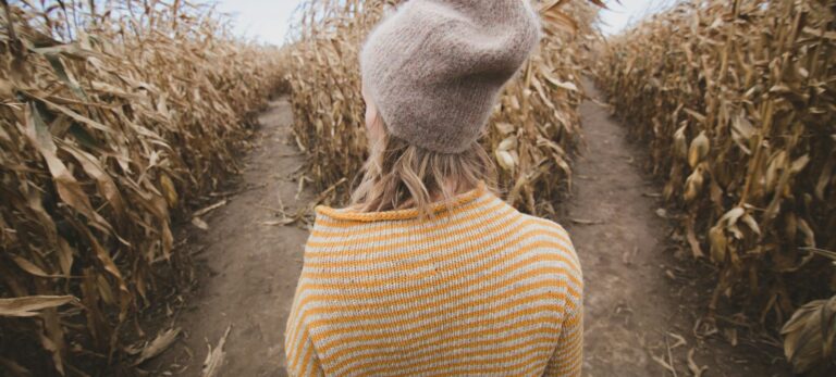 Woman in wool had deciding which path to take in a cornfield