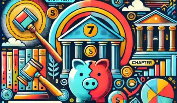 Colorful illustration of money related items such as a piggy bank, court house, gavel and court papers