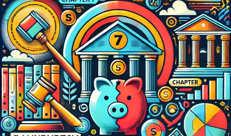 Colorful illustration of money related items such as a piggy bank, court house, gavel and court papers