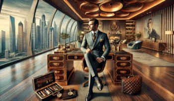 Illustration of a super rich lawyer looking over a city skyline and sitting in a mahogany lined room