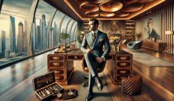 Illustration of a wealthy lawyer sitting in a mahogany-lined room, looking over a city skyline