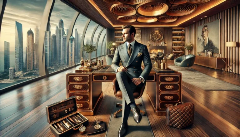 Illustration of a wealthy lawyer sitting in a mahogany-lined room, looking over a city skyline