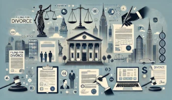 Monotone illustration showing NYC landmarks and documents related to divorce