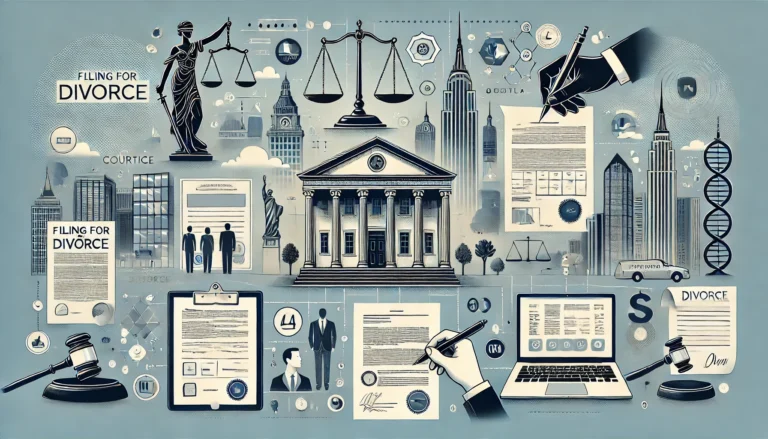 Monotone illustration showing NYC landmarks and documents related to divorce