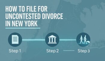 A modern infographic showing the three steps to file for an uncontested divorce in New York, overlaid on a stylized map of NYC’s five boroughs with turquoise icons and a glowing timeline.