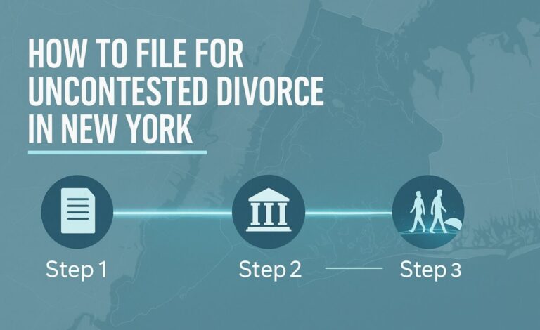 A modern infographic showing the three steps to file for an uncontested divorce in New York, overlaid on a stylized map of NYC’s five boroughs with turquoise icons and a glowing timeline.