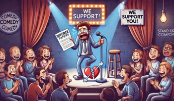 Humorous illustration of a comedian holding divorce papers during a comedy show