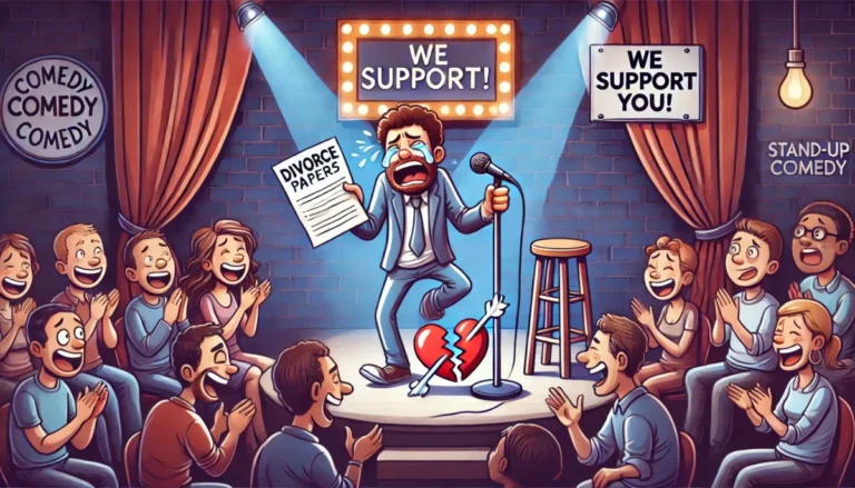 Humorous illustration of a comedian holding divorce papers during a comedy show