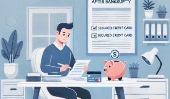 Illustration of a young man wearing a blue sweater organizing his bills on a white table with a pink piggy bank on top.