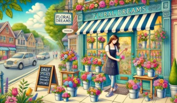 Colorful illustration of a young woman tending to flowers outside her new flower shop