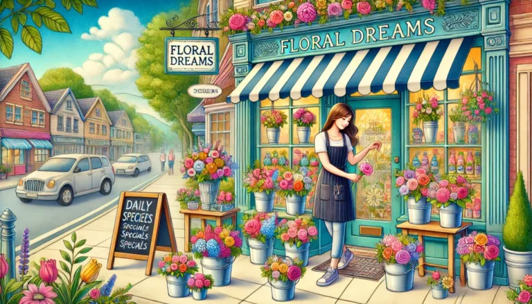 Colorful illustration of a young woman tending to flowers outside her new flower shop