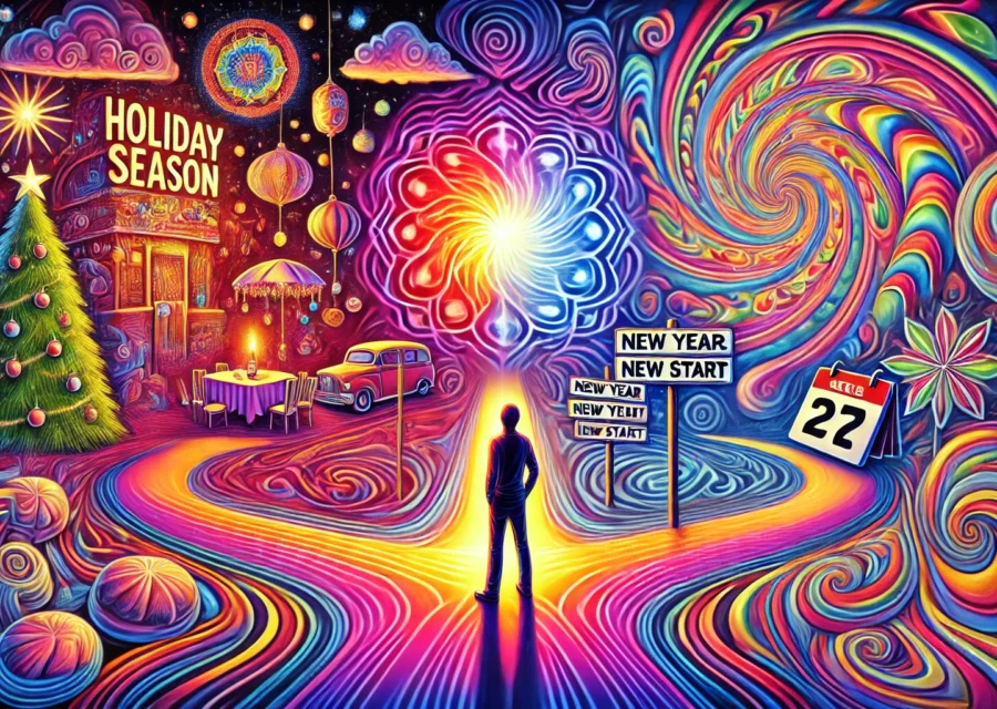 Psychadelic colors of a person standing at a crossroads to divorce or to not divorce