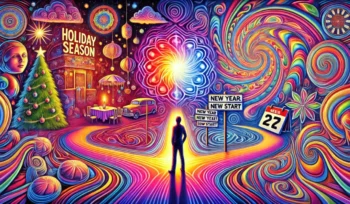 Psychedelic illustration of a person at a crossroads choosing divorce or staying married