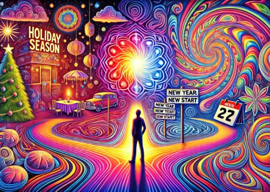 Psychedelic illustration of a person at a crossroads choosing divorce or staying married