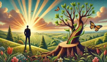 Colorful illustration of a tall, thin man on a small hill watching a stunning sunset