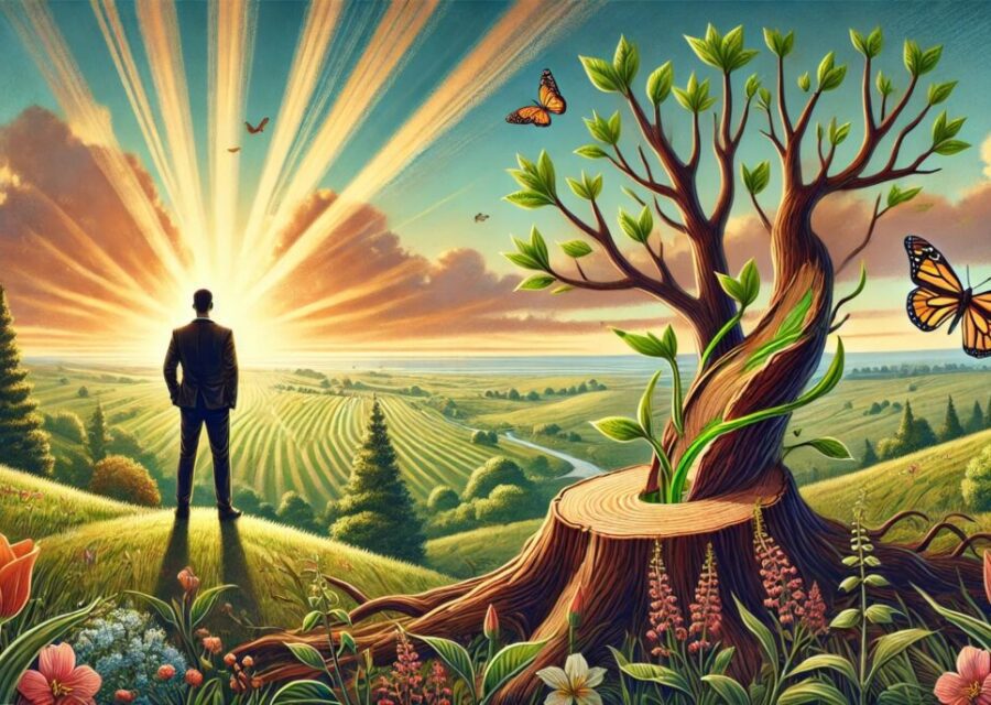 Colorful illustration of a tall, thin man on a small hill watching a stunning sunset