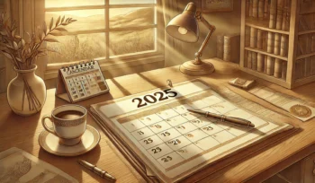 Illustration of a desktop calendar in front of a paned window giving soft warm light