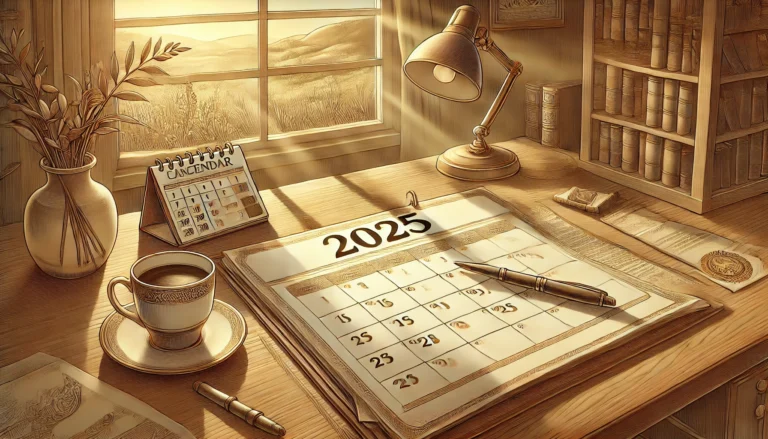 Illustration of a desktop calendar in front of a paned window giving soft warm light