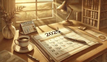 Desktop calendar by a paned window with soft, warm light streaming in