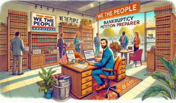 Colorful illustration of bankruptcy preparer office with legal books on shelves