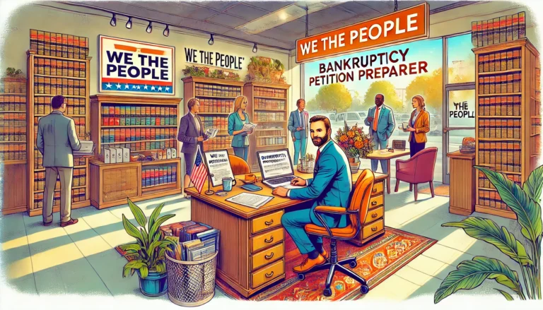 Colorful illustration of bankruptcy preparer office with legal books on shelves