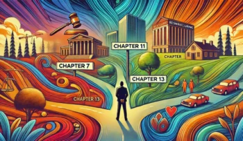 Psychedelic illustration of a person at a crossroads choosing Chapter 7, 11, or 13 bankruptcy