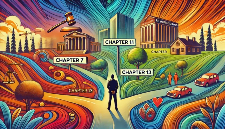 Psychedelic illustration of a person at a crossroads choosing Chapter 7, 11, or 13 bankruptcy