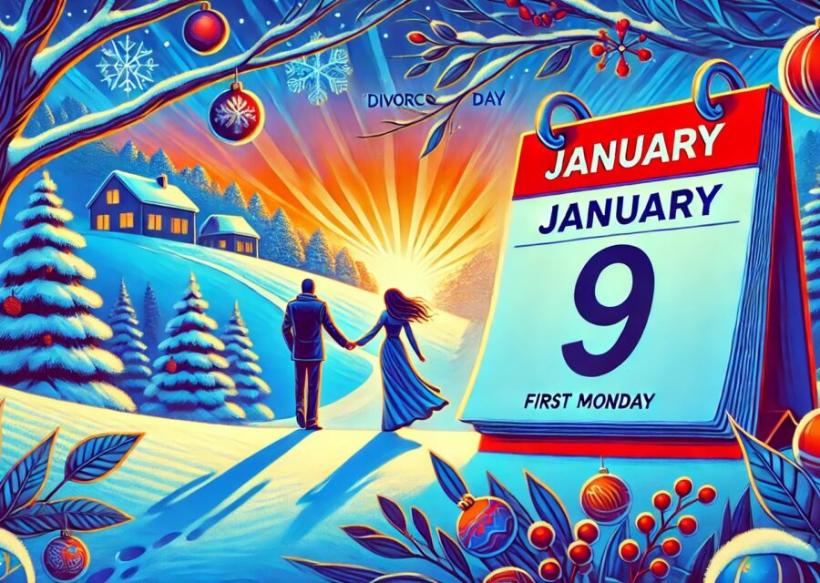 Colorful illustration of a couple walking over snow covered hills to a log cabin while the golden sun sets