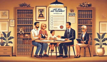 Illustration of a family of 2 white parents with their 8 year old son with a document preparer