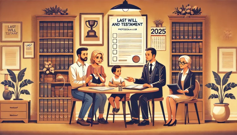 Illustration of a family of 2 white parents with their 8 year old son with a document preparer