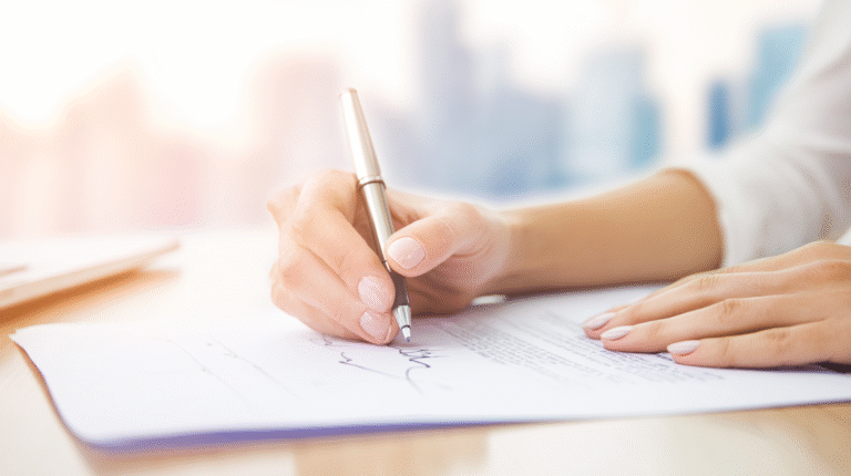 One Signature Divorce NYC – signing divorce papers with a single signature featuring a woman signing legal documents with a silver pen, illustrating an affordable divorce service in New York City.