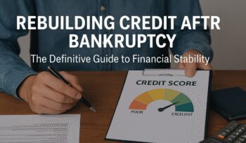 Person reviewing a credit score chart and financial documents at a desk, symbolizing rebuilding credit after bankruptcy and achieving financial stability.