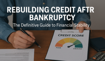 Person reviewing a credit score chart and financial documents at a desk, symbolizing rebuilding credit after bankruptcy and achieving financial stability.