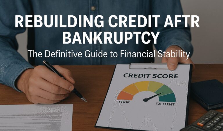 Person reviewing a credit score chart and financial documents at a desk, symbolizing rebuilding credit after bankruptcy and achieving financial stability.
