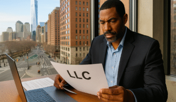 A business owner in New York City reviews LLC paperwork at a desk overlooking the skyline, symbolizing professional growth and legal preparation.