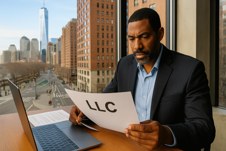 A business owner in New York City reviews LLC paperwork at a desk overlooking the skyline, symbolizing professional growth and legal preparation.