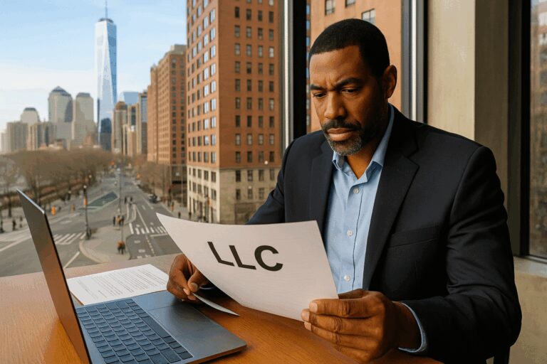 A business owner in New York City reviews LLC paperwork at a desk overlooking the skyline, symbolizing professional growth and legal preparation.