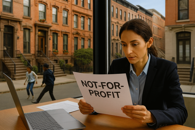 A professional of ambiguous gender reviews not-for-profit formation paperwork at a desk, with Harlem brownstones and children playing outside the window.