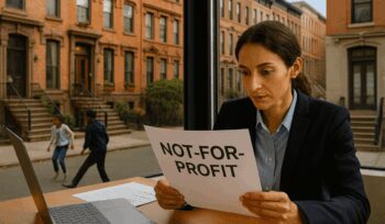 A professional of ambiguous gender reviews not-for-profit formation paperwork at a desk, with Harlem brownstones and children playing outside the window.