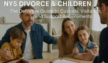 A family of four sitting with a mediator in an office.