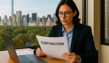 A slender, attractive, gender-neutral business professional reviews corporation formation paperwork at a Manhattan office desk with Central Park visible through large windows.